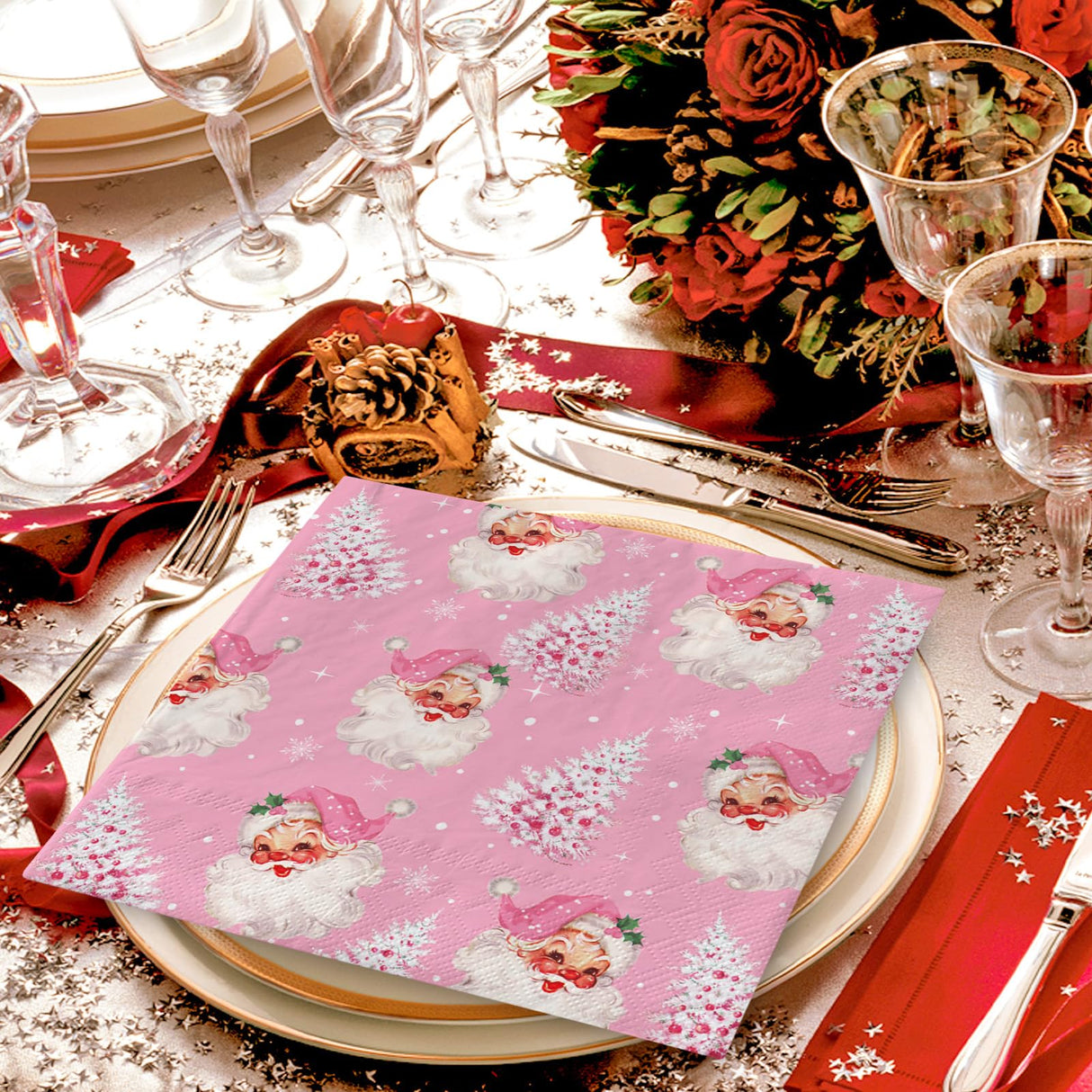 AnyDesign 80 Pack Pink Christmas Napkins Santa Xmas Tree Disposable Napkins Merry Christmas Paper Luncheon Napkins for Xmas Winter Holiday Birthday Party Supplies, 6.5 x 6.5 Inch Generic