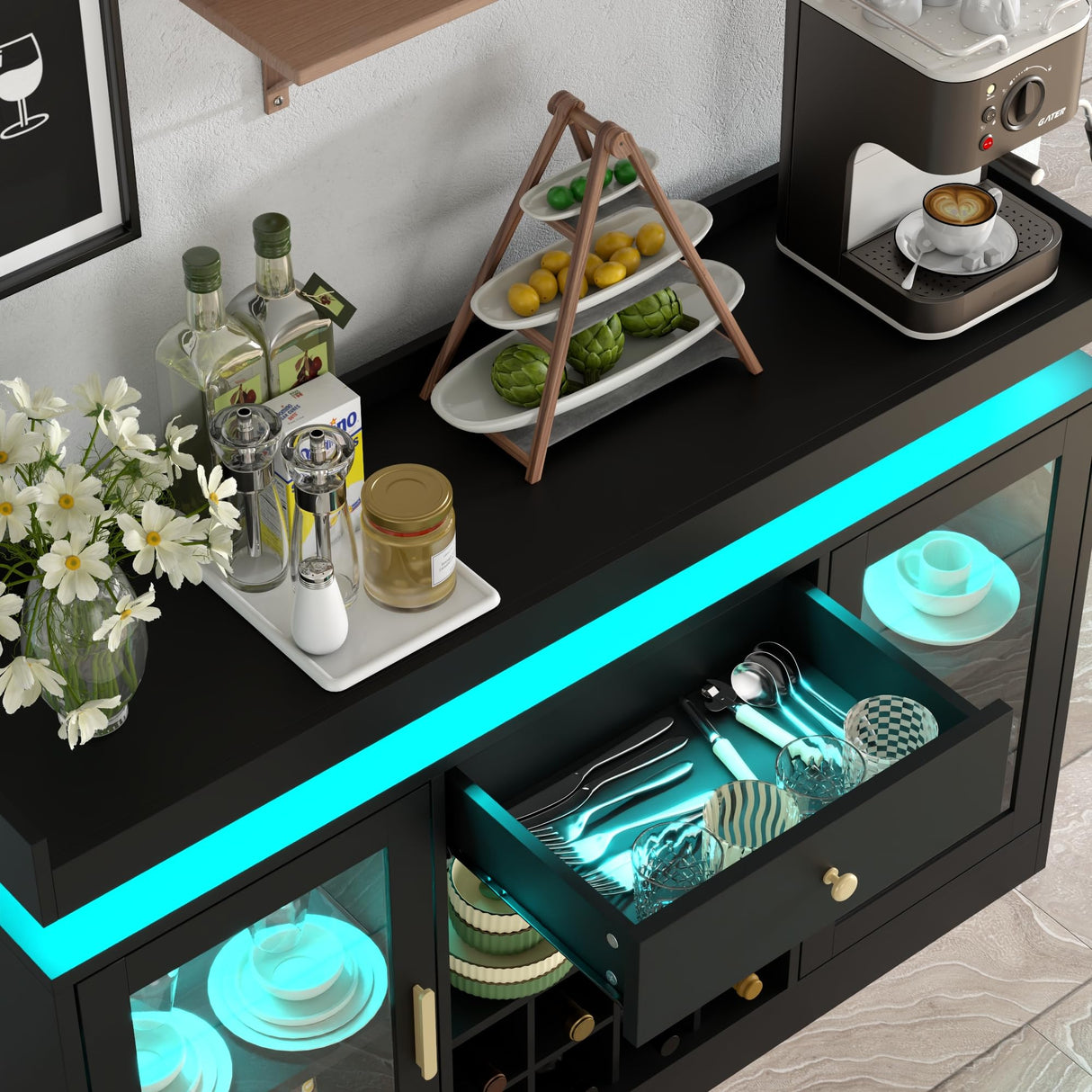 Wine Bar Cabinet with LED Light, Home Coffee Bar Cabinet with Wine and Glass Rack, Modern Sideboard Buffet w/ Storage Drawer & Shelves, Freestanding Liquor Cabinets for Living Room,Dining Room (Black) Auromie