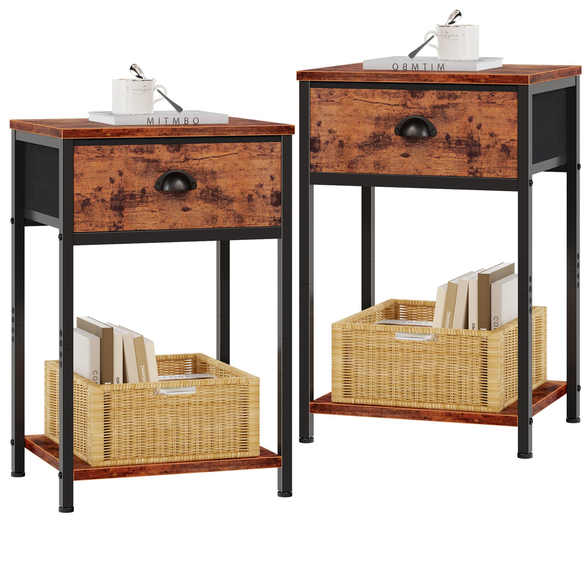 Furologee Nightstands Set of 2, Industrial End Table with Fabric Drawer and Storage Shelf, Retro Bedside Tables Organizer, Side Table for Living Room Bedroom, Rustic Brown Furologee