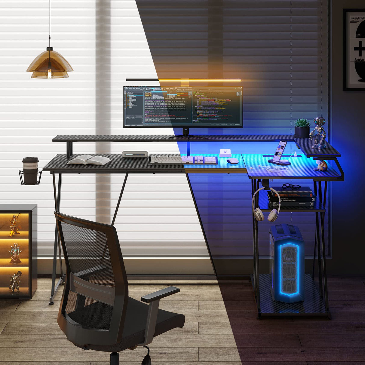 SEVEN WARRIOR L Shaped Gaming Desk with LED Lights & Power Outlets, 55” Reversible Corner Desk with Storage Shelf, Computer Desk with Monitor Stand, Gaming Table with Cup Holder, with Hooks, Black SEVEN WARRIOR