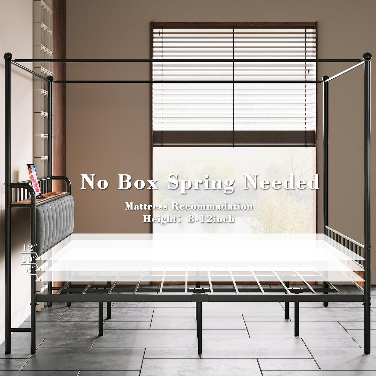 LIKIMIO Canopy Bed Frame King, Storage Headboard with Charging Station, Platform Bed with 4 Removable Sturdy Posts, Noise Free, No Box Spring Needed, Vintage Brown LIKIMIO