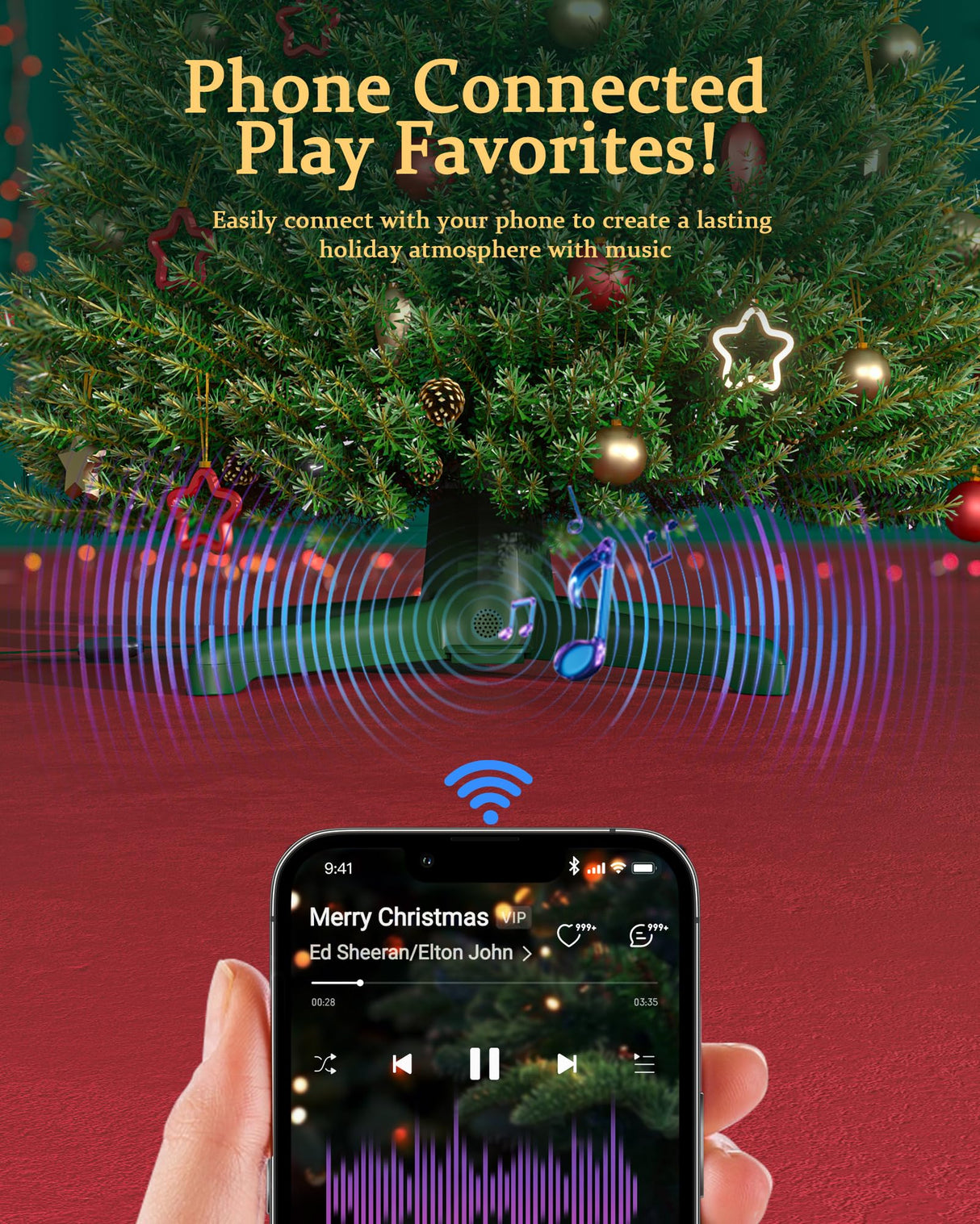 Musical Rotating Christmas Tree Stand, UL Certified Up to 9ft 120 lb Artificial Christmas Tree with Speaker, Spinning Stand with Remote, Fit for 1.25-2" in Tree Poles - 800W Springlift