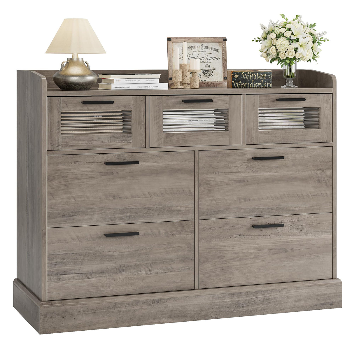 HOSTACK Modern 7 Drawer Double Dresser, Wide Chest of Drawers with Fence, Wood Storage Organizer with Metal Handle & Fluted Glass, Accent Storage Cabinet for Living Room, Entry, Ash Gray HOSTACK