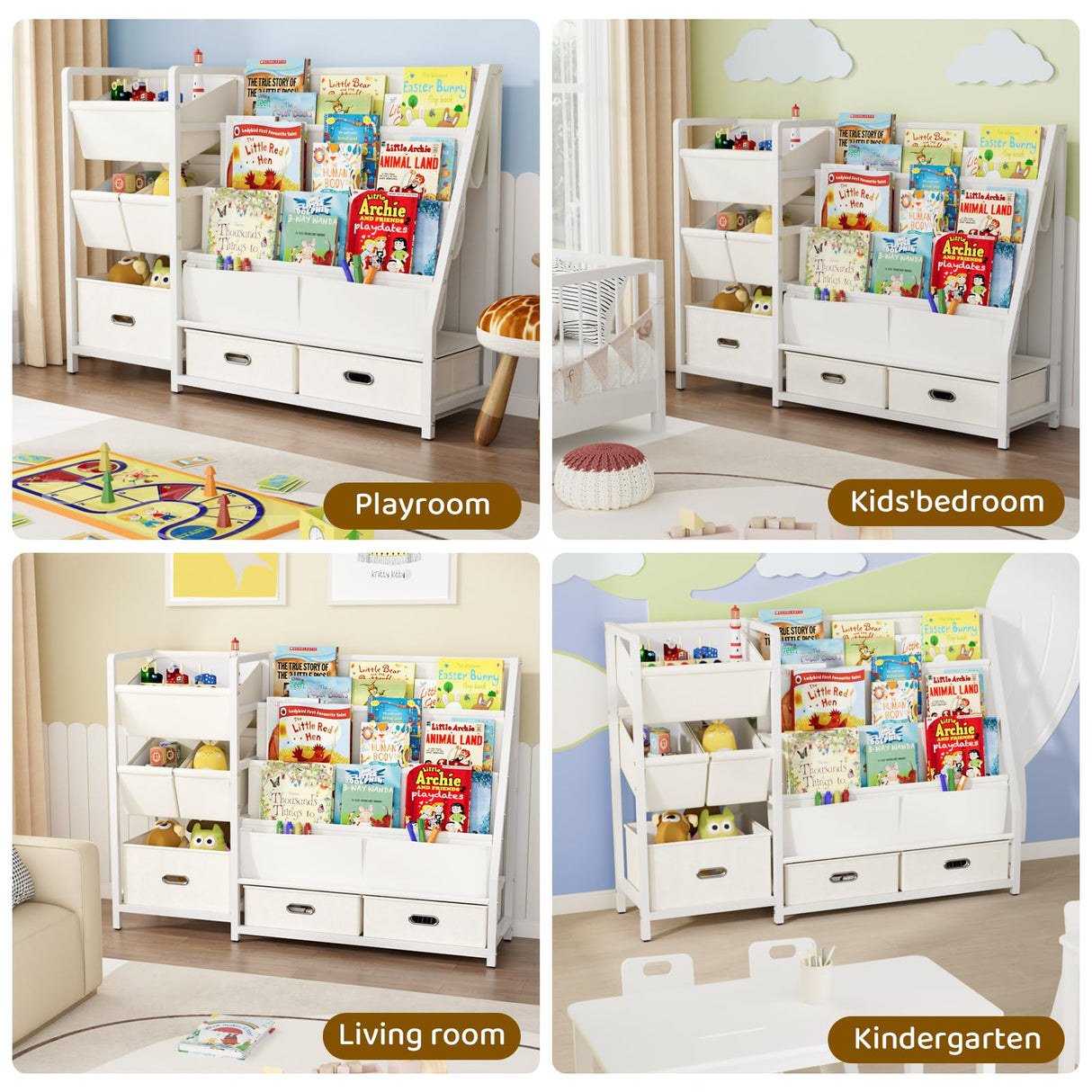 KIDINIX 3 Tier Kids Bookshelf and Toy Storage - Sling Book Shelf with Toy Organizer, Montessori Toddler Bookcase with 6 Toy Bins, for Playroom, Children Room, Nursery, Classroom, White KIDINIX