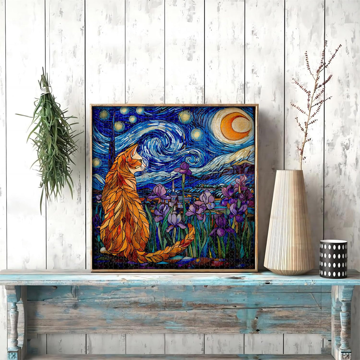 Cat Puzzles for Adults 1000 Pieces, PICKFORU Stained Glass Puzzles Feature Purple Iris Flowers, Starry Night, Moonlit Cat Flower Jigsaw Puzzle for Cat Lovers PICKFORU