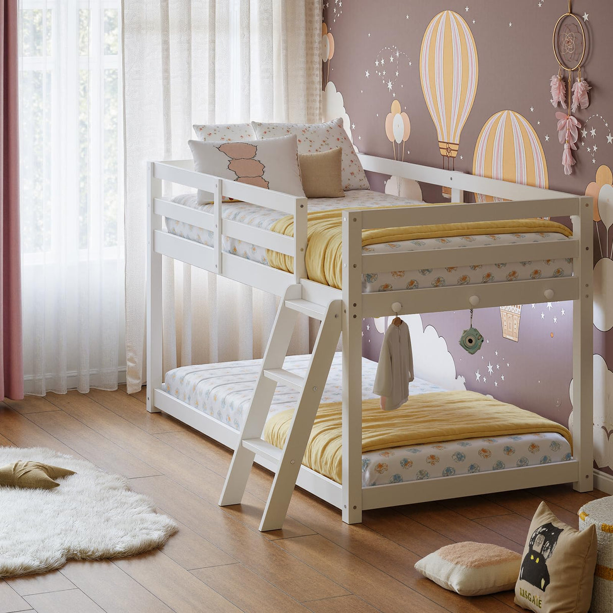 Vantic Low Bunk Bed with Guardrail and LED Light, Floor Toddler Bunk Bed Twin Over Twin with Wide Stairs, Convertible Soild Wooden Loft Bed for Kids with 6 Hooks, Space-Saving, White Vantic