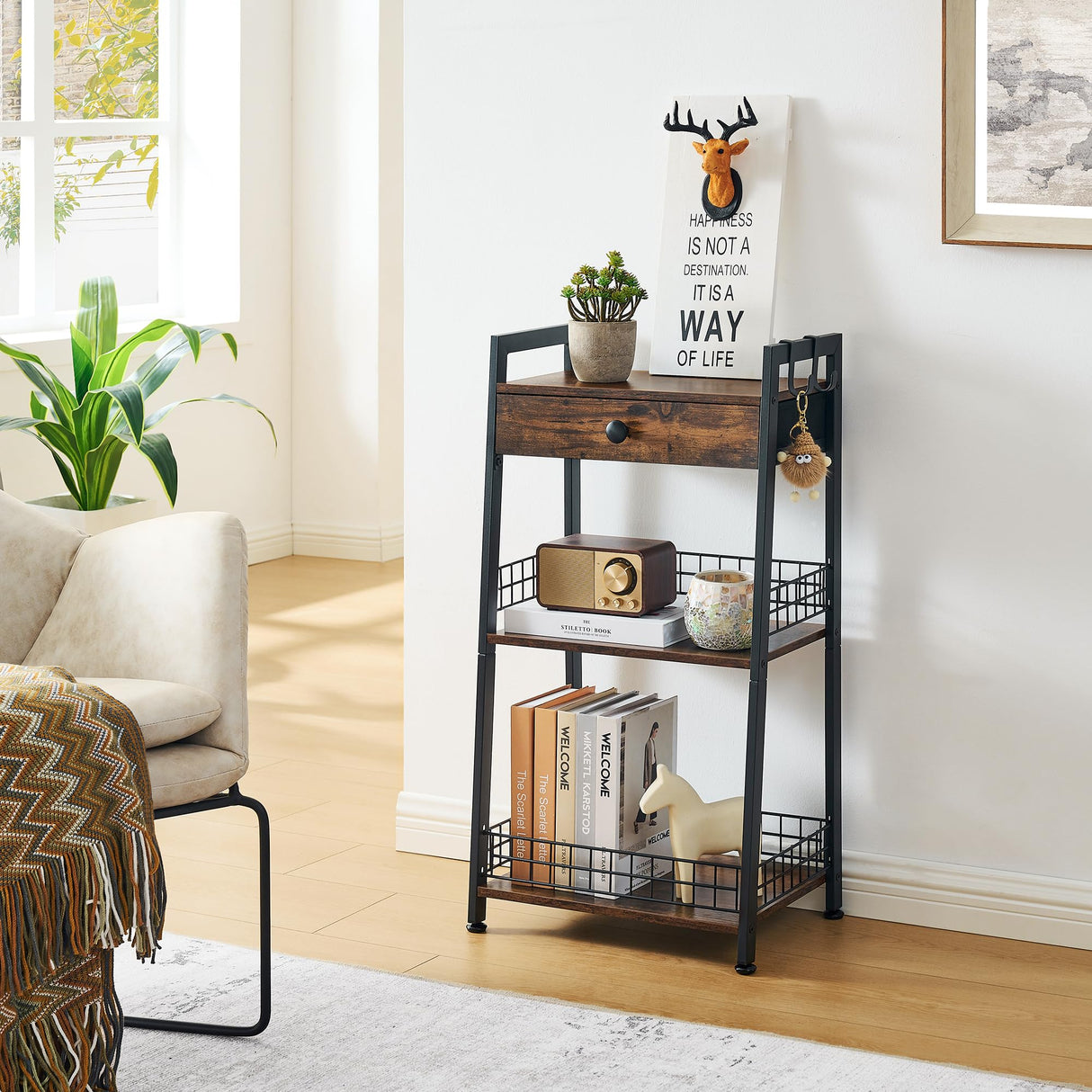 Gewudraw Rustic Brown 4-Tier Bathroom Ladder Shelf with Drawer - Multifunctional Freestanding Storage Solution Gewudraw