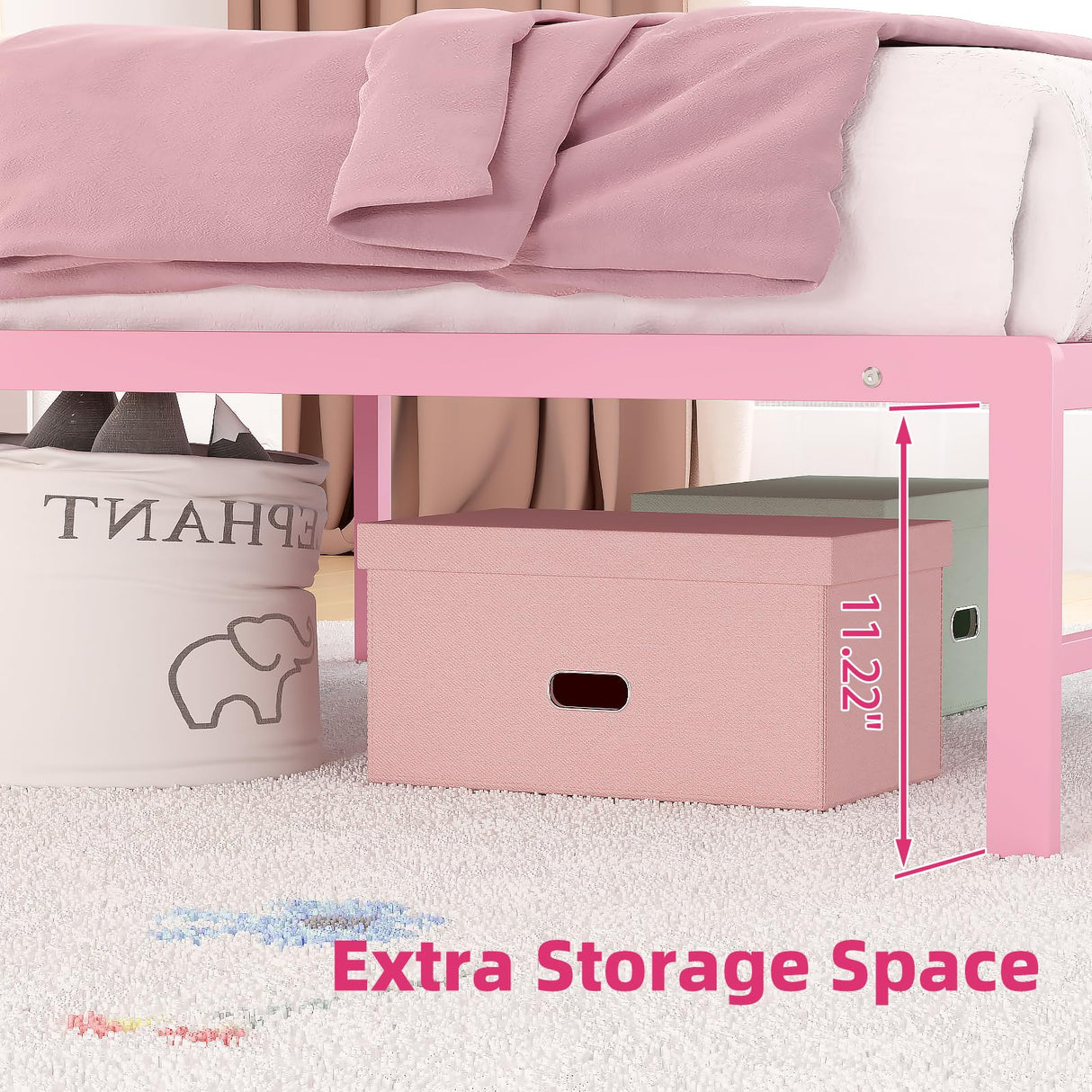 Elephance Twin Bed Frame with Headboard Metal Bed Frame Twin Size with Storage Space No Box Spring Needed Easy Assembly,Pink Elephance