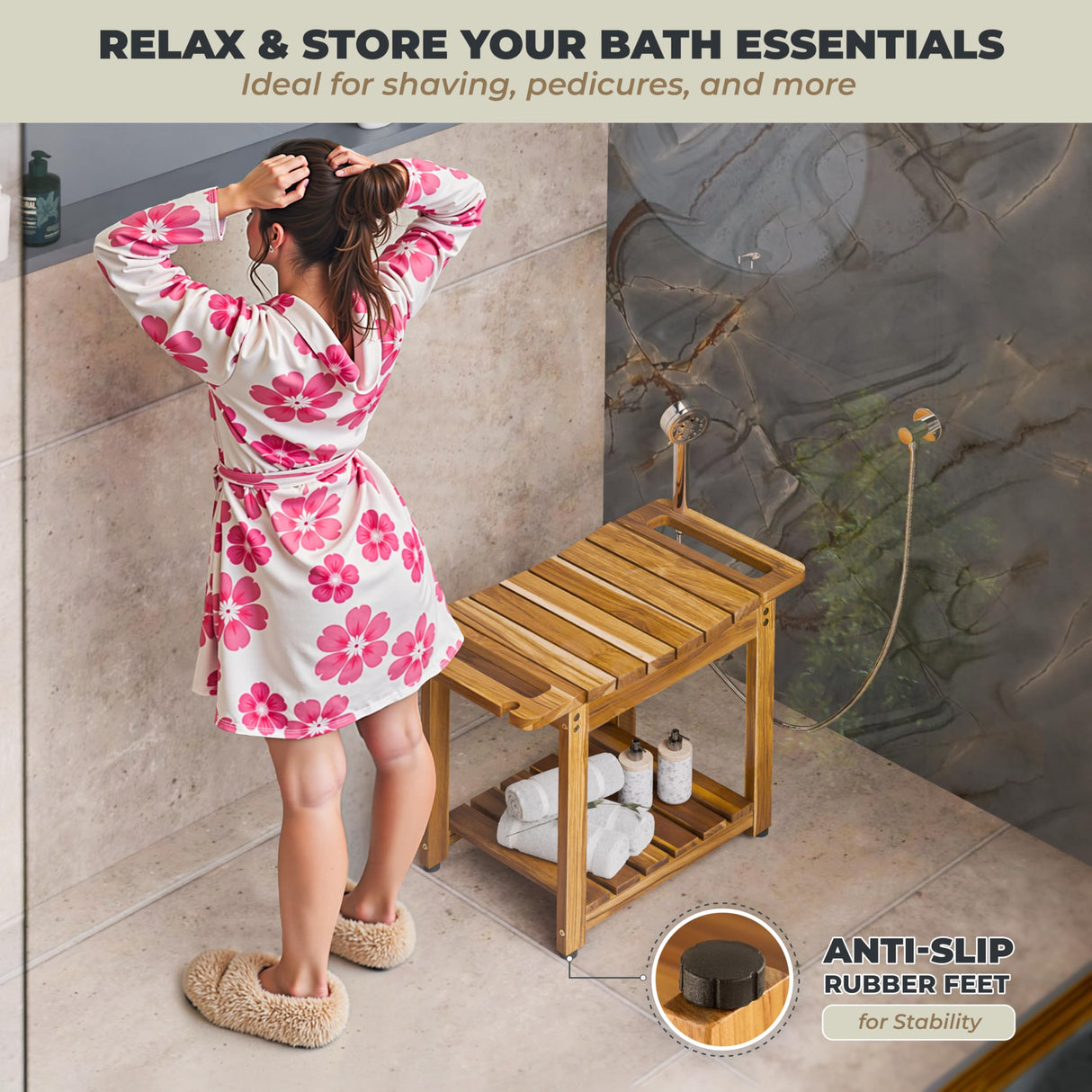 LotusSway Teak Shower Bench Seat with Storage Shelf, Wood Shower Benches for Inside Shower to Sit on, Teak Shower Stool & Spa for Elderly with Shower Head Holder & Built in Handle for Bathroom/Outdoor LotusSway