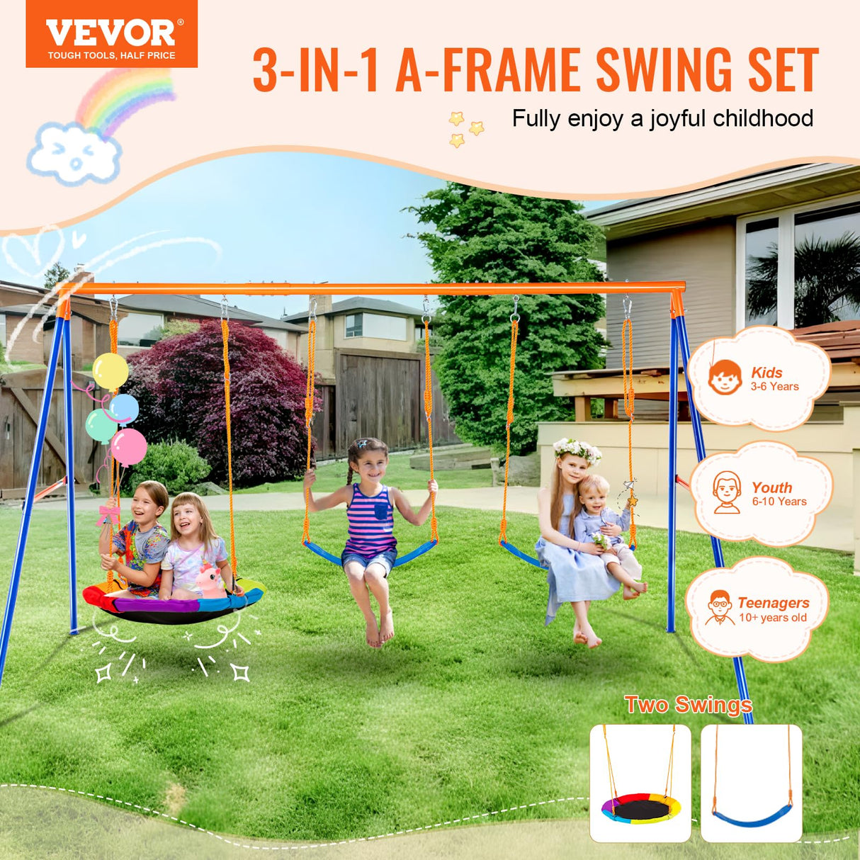 VEVOR Swing Sets for Backyard, with 1 Saucer Swing Seat, 2 Belt Swing Seats, 600lbs Load Capacity Swing Set, Heavy Duty A-Frame Metal Swing Stand and Adjustable Rope, Swingset Outdoor for Kids VEVOR