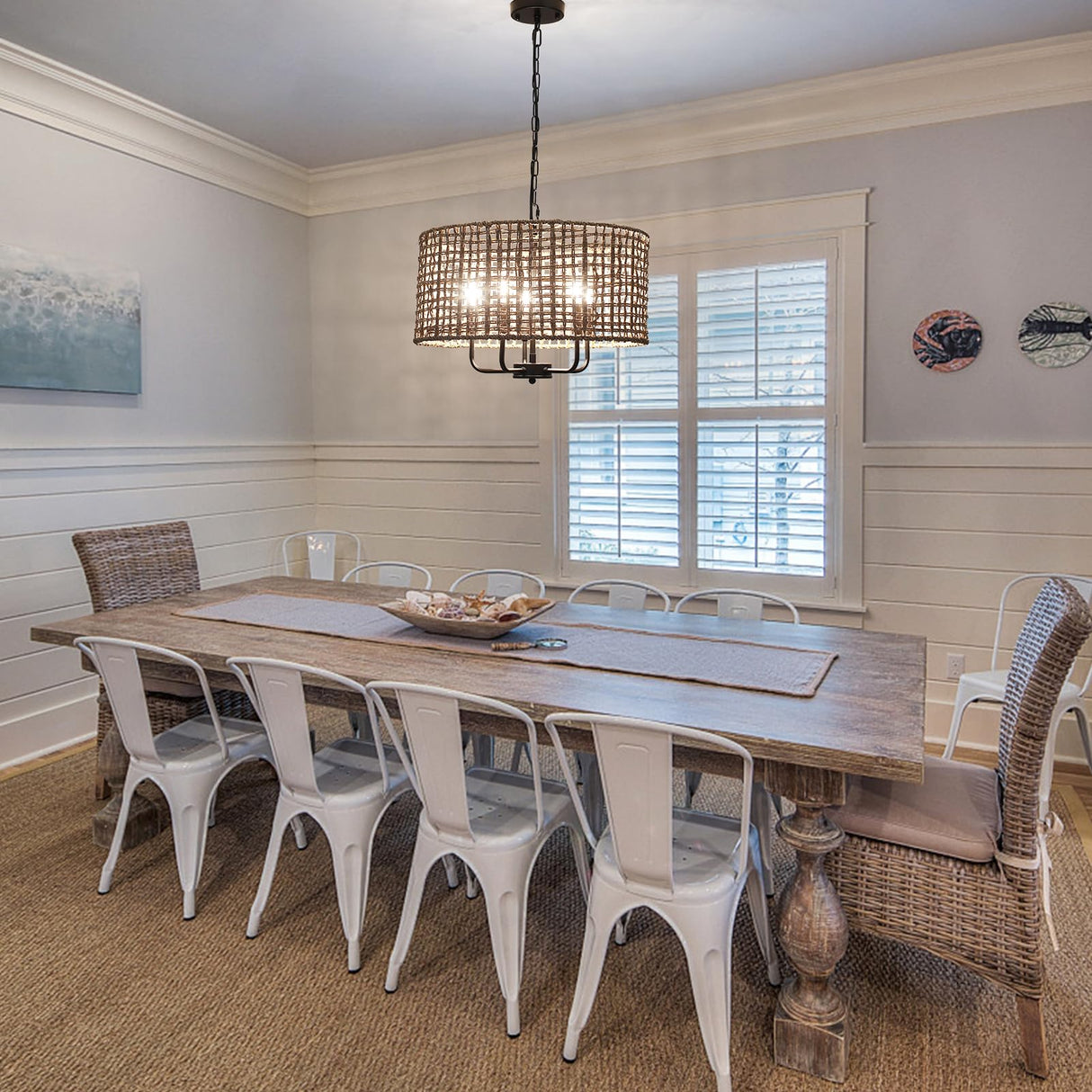 Rattan Chandelier Farmhouse 5 Lights Hand Woven Large Boho Chandeliers for Dining Room Light Fixture Hanging 19" Wicker Pendant Lighting Drum Chandeliers for Living Room Kitchen Island Foyer Hallway MRHYSWD