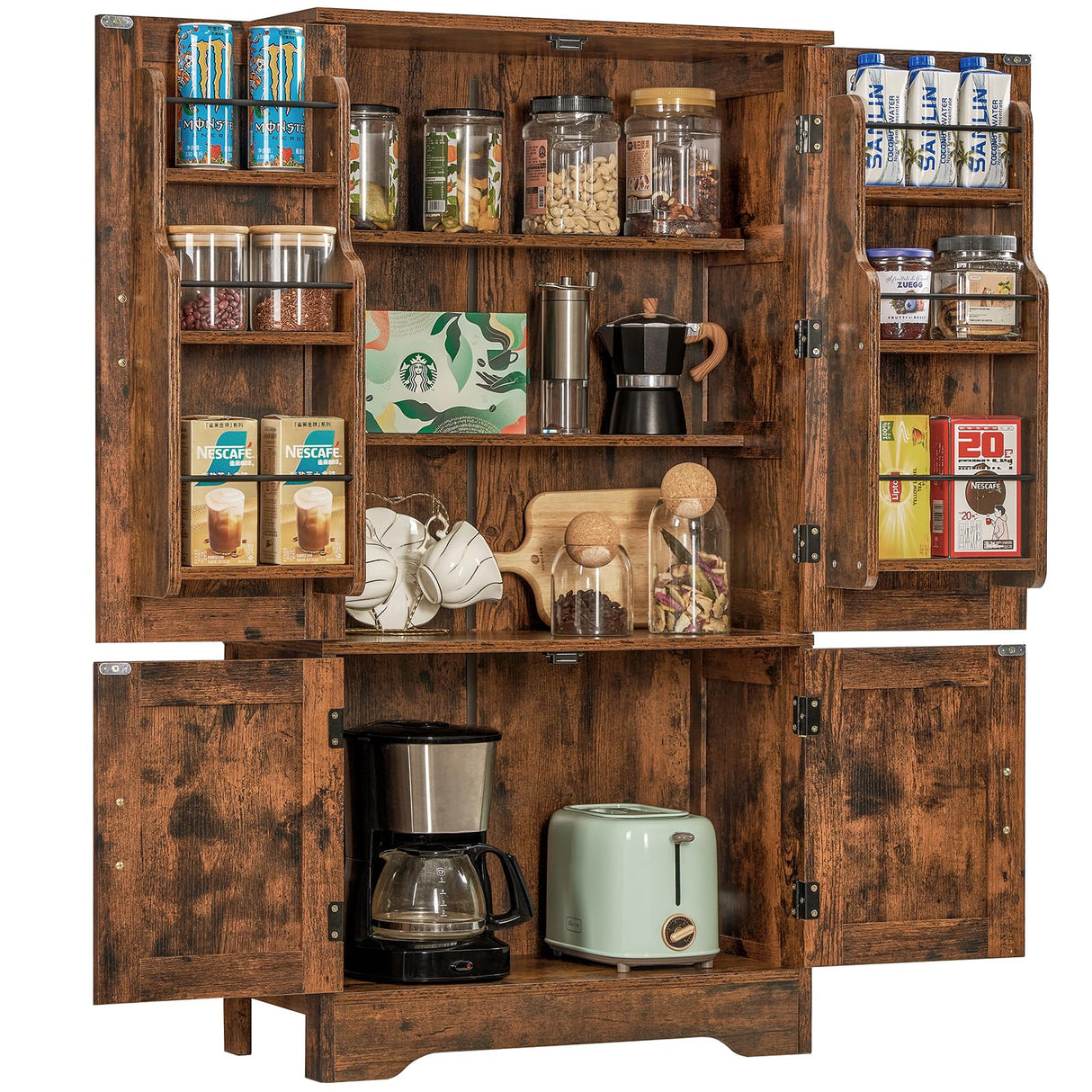 usikey Storage Cabinet with 4 Doors, 43.3" H Farmhouse Kitchen Cabinet with 6 Door Shelves, Kitchen Pantry with 3 Adjustable Shelves, for Living Room, Rustic Brown usikey