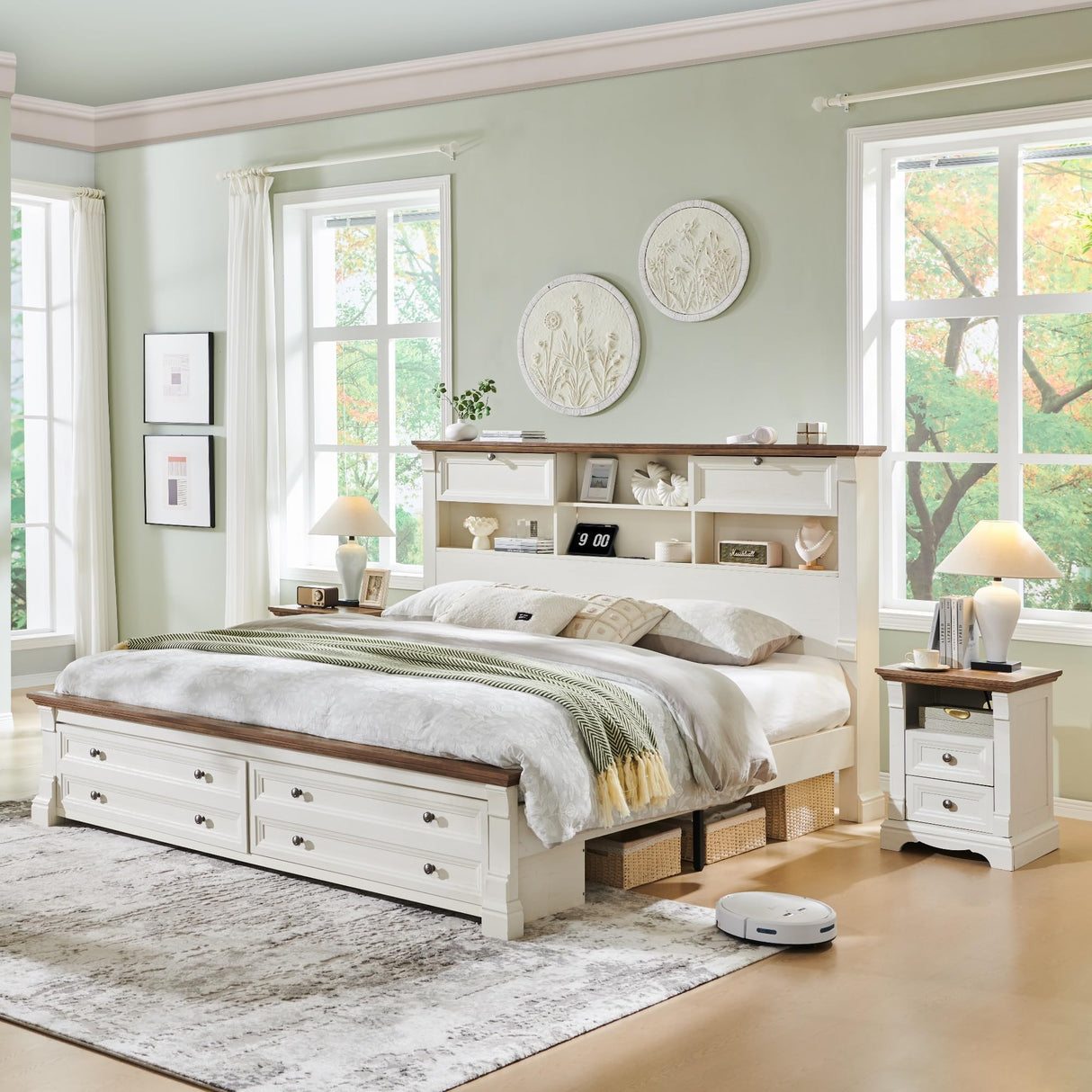 T4TREAM Farmhouse King Size Bed Frame with 54" Tall Headboard, Wood Platform Bed Frame with 18" Tall Roman Column Decoration Footboard & 2 Large Storage Drawers, No Box Spring Needed(Antique White) T4TREAM