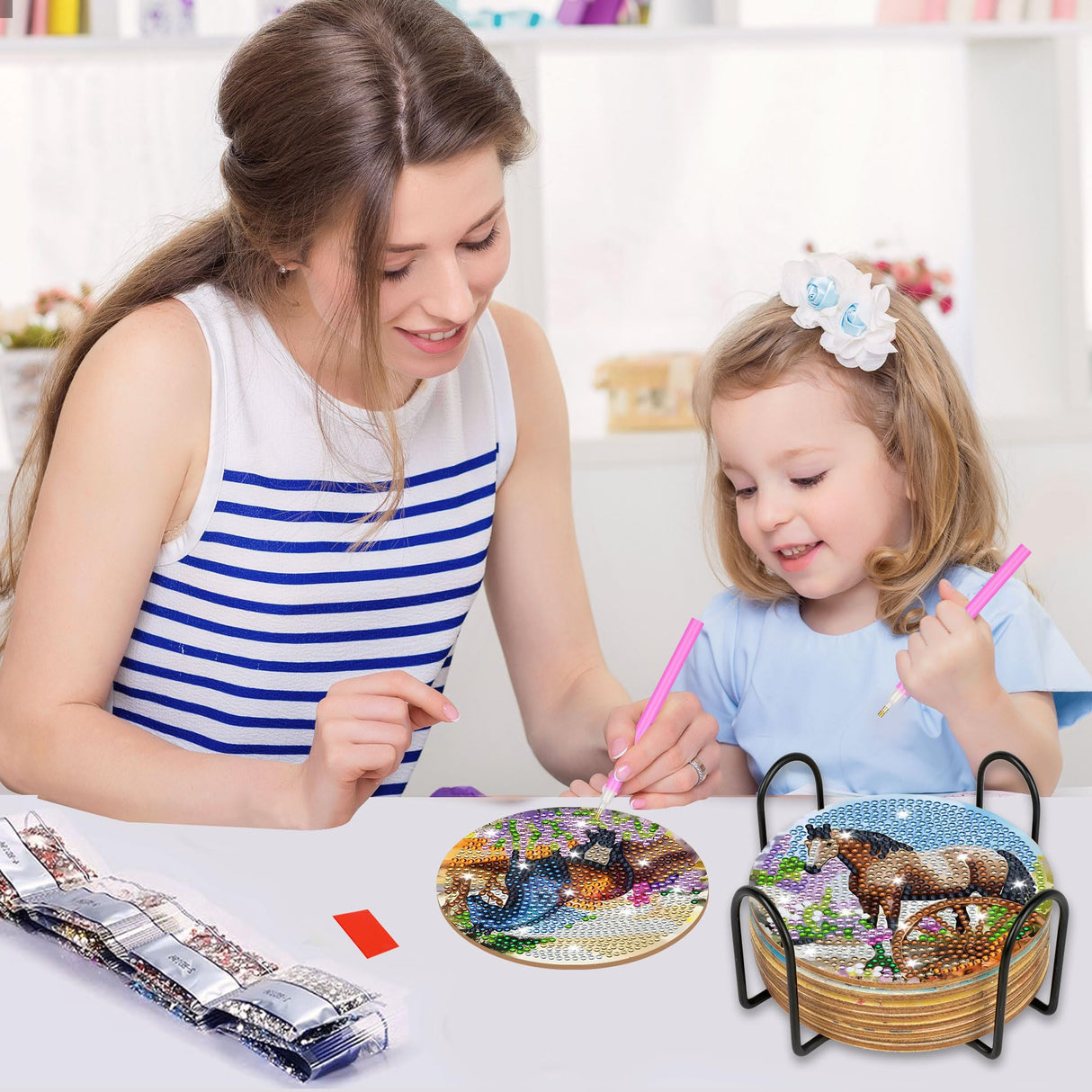 Spring Horse Diamond Art Coasters: 8 Pcs Standing Horse Diamond Painting Coasters with Holder, DIY Crafts Kit for Adults Beginners Home Decor Gifts CRASHOT