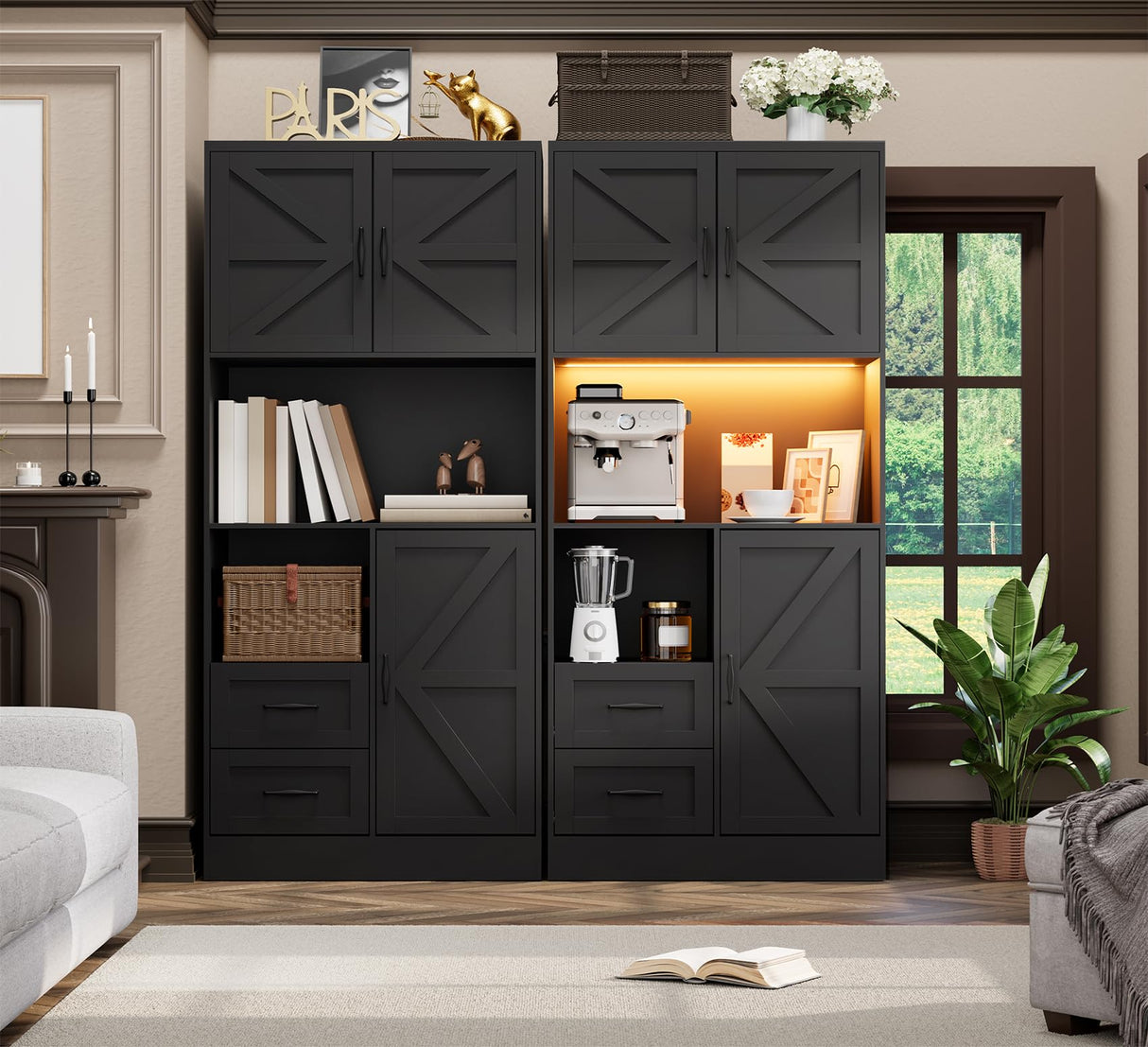 Frmobepts Kitchen Pantry Storage Cabinet with LED Lights and Power Strip, Tall Farmhouse Kitchen Pantry with Barn Doors and Drawers, Adjustable Shelves for Dining Living Room (Black) Frmobepts