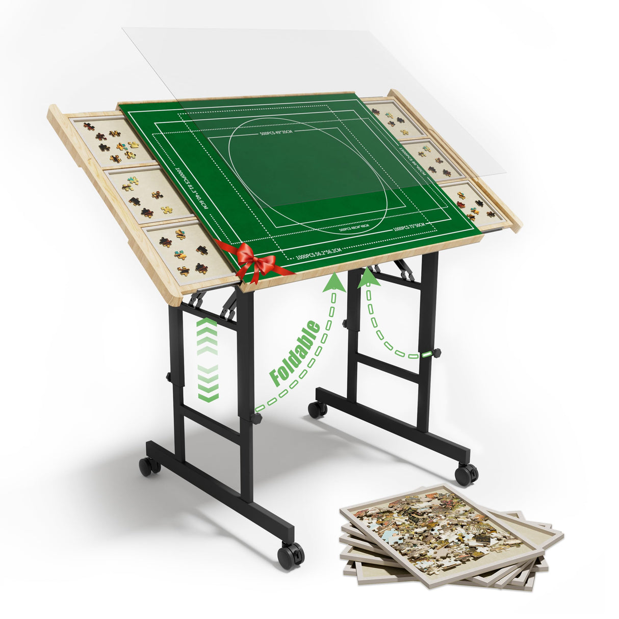 CODACE Puzzle Table with Drawers - 1500 Pieces Folding Puzzle Tables for Adults, Tilting Jigsaw Puzzles Board with Sorting Trays, Table with Adjustable Height Legs and Wheels,Present for Puzzles Lover CODACE