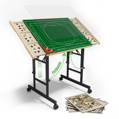 CODACE Puzzle Table with Drawers - 1500 Pieces Folding Puzzle Tables for Adults, Tilting Jigsaw Puzzles Board with Sorting Trays, Table with Adjustable Height Legs and Wheels,Present for Puzzles Lover