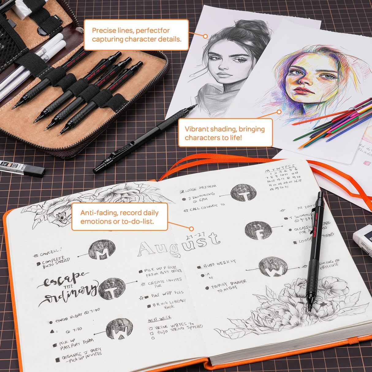 Nicpro 30PCS Black Metal Mechanical Pencil Set in Leather Case, Art Drafting Pencil 0.5, 0.7, 0.9 mm, 2mm Lead Pencil Holders for Sketching Drawing With 16 Tube (6B 4B 2B HB 2H 4H Colors)Lead Refills Nicpro