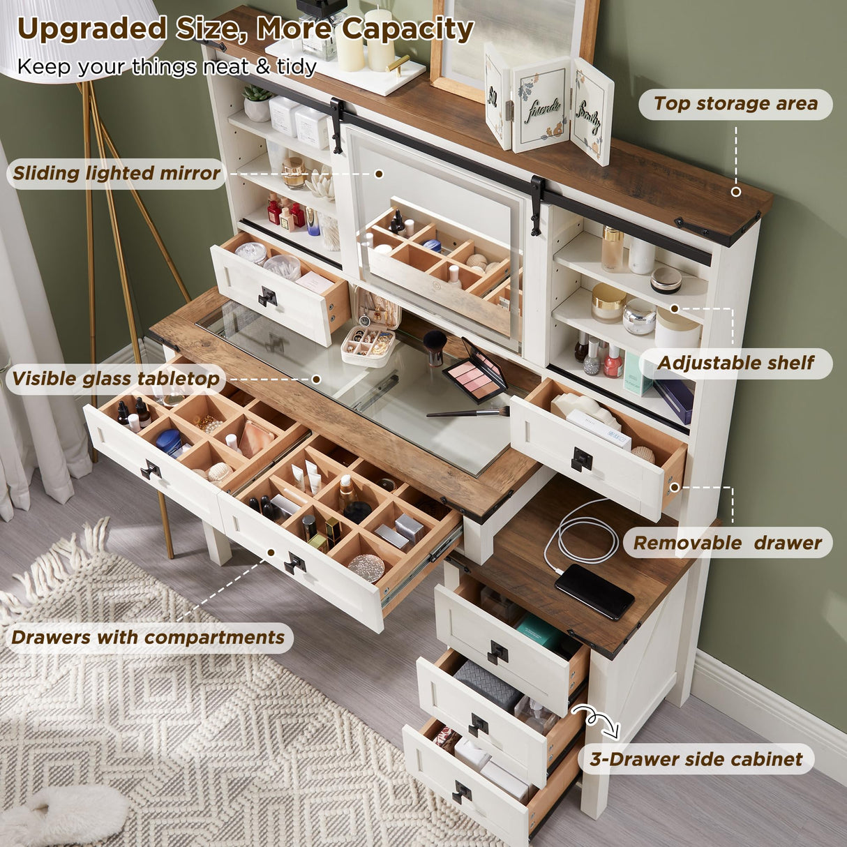 T4TREAM 48'' Farmhouse Makeup Vanity Desk with Sliding HD Mirror and Lights, Big Modern Lighted Vanity Table with 7 Drawers & Shelves, Rustic Large Dressing Table, Antique White T4TREAM