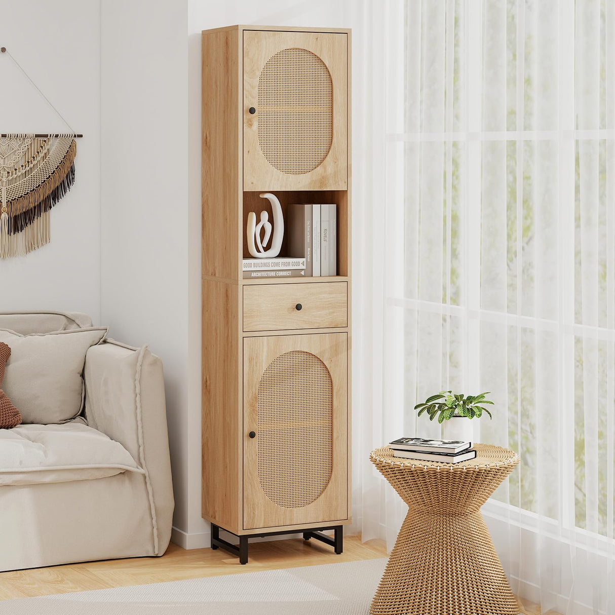 Tangkula 67" Tall Bathroom Storage Cabinet, Narrow Rattan Linen Tower with Doors, Adjustable Shelves & Drawer, Freestanding Floor Cabinet for Living Room, Kitchen, Dining Room, Office, Natural Tangkula