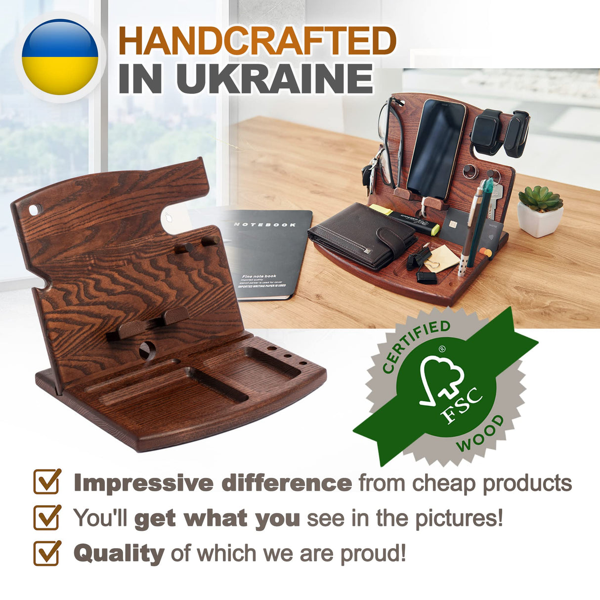 TESLYAR Wood Phone Docking Station Ash Hooks Key Holder Wallet Watch Stand Watch Organizer Men Husband Anniversary Dad Birthday Nightstand Purse Father Graduation Male Travel Gadgets TESLYAR