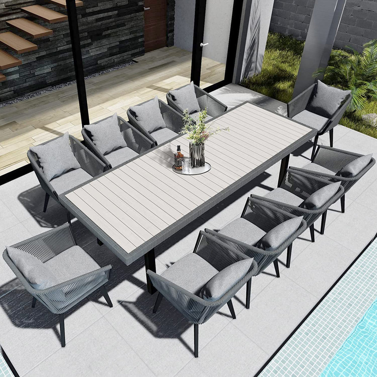 Home Care Wholesale 11 Pieces Patio Dining Set for 10 - All Weather Outdoor Dining Sets, All in One Outdoor Table and Chairs, Wicker Outdoor Patio Furniture Sets with Cushions and Pillows, Grey Home Care Wholesale