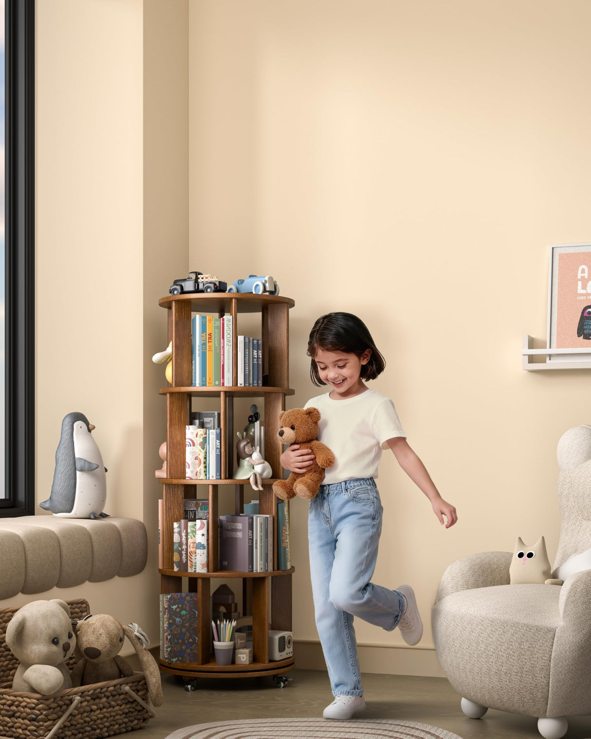 4-Tier Solid Wood Rotating Bookshelf on Wheels, 360° Spinning Book Shelf Tower, Round Revolving Bookcase Organizer, Rolling Bookshelves for Small Spaces, Corner, Bedroom, Kids Room, Office, Walnut IUNVR