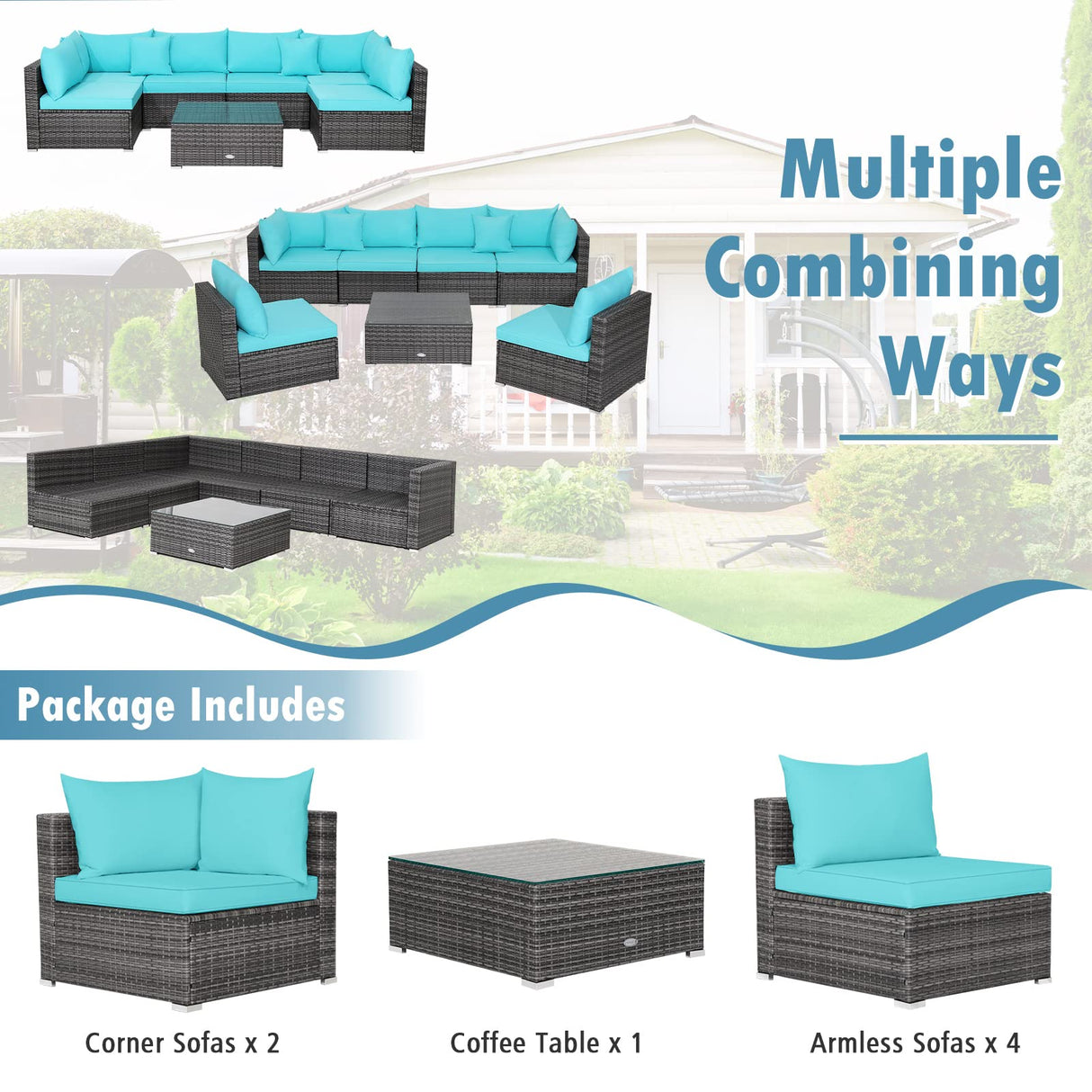 Tangkula 7 Pieces Patio Furniture Set, Patiojoy All-Weather Outdoor Rattan Sectional Sofa Set with Cushions and Tempered Glass Coffee Table, for Garden, Lawn, Backyard (Turquoise) Tangkula