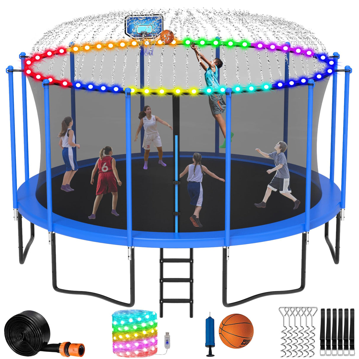 LHX 14FT Tranpoline for Adults and Kids, 1500LBS Tranpoline with Enclosure Net, Basketball Hoop and Ball, Outdoor Tranpoline with Light, Sprinkler, Ladder, Stakes Anchors - ASTM Approval LHX