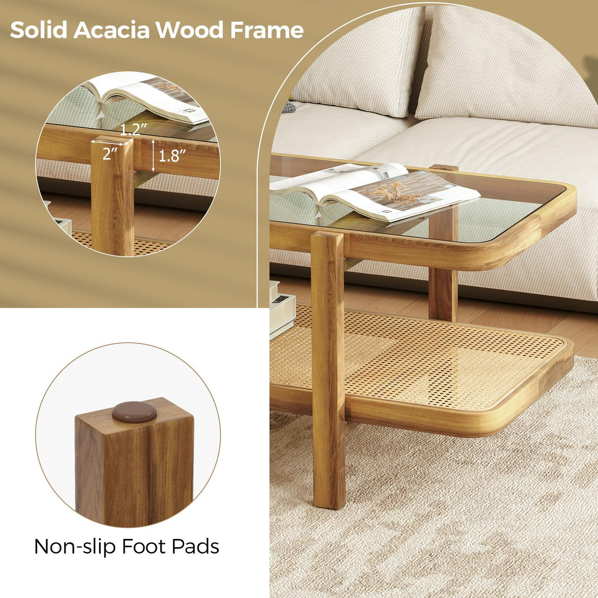 Giantex Rattan Coffee Table, 47.5" Rectangle Solid Wood Tea Table w/Tempered Glass Tabletop, Rattan Storage Shelf, 2-Tier Boho Coffee Tables, Farmhouse Center Table for Living Room (Oak) Giantex