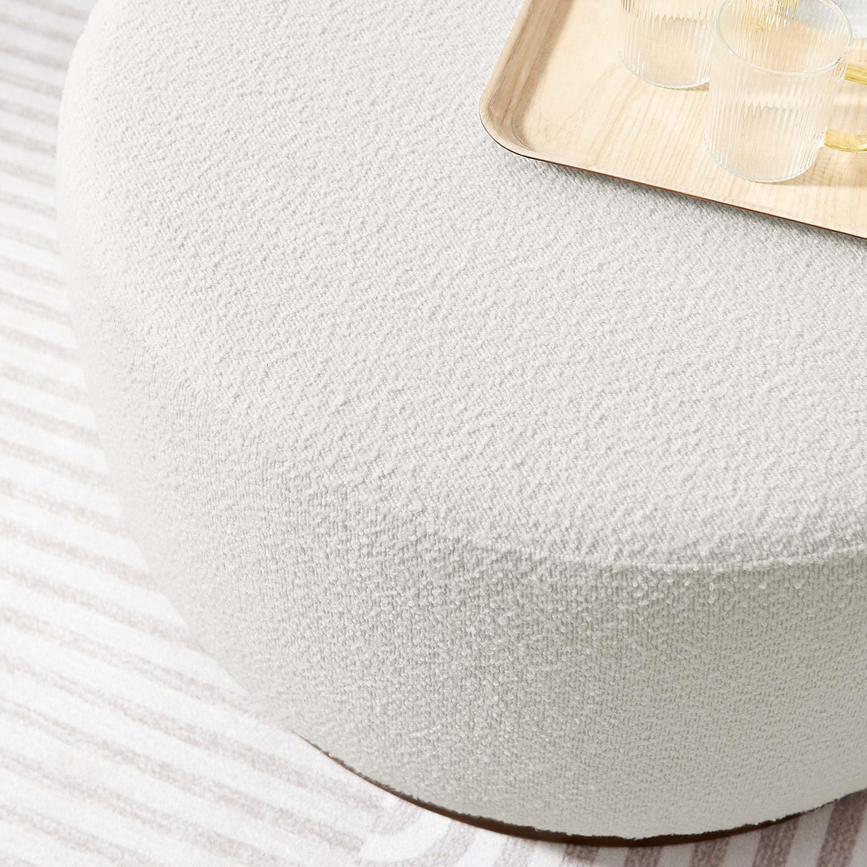 Modway Tilden 29 Inch Round Boucle Upholstered Ottoman in Cloud Walnut - Round Ottoman Coffee Table for Living Room - Large Ottoman Foot Rest with Rubberwood Plinth Base Modway