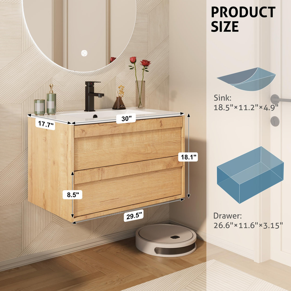 eclife 30" Floating Bathroom Vanity with Ceramic Integrated Sink Combo, Wall Mounted Storage Cabinet with 2 Drawers, Matte Black Faucet & Pop Up Drain, Nature eclife