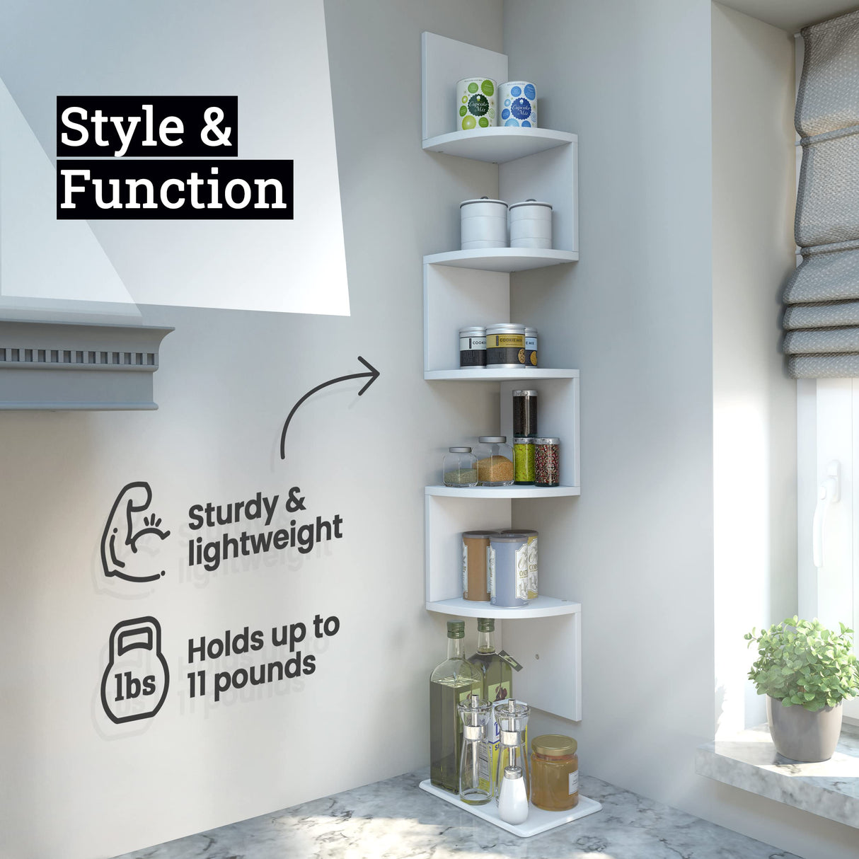 Greenco 5-Tier Floating Corner Shelves, Wall Organizer Storage, Easy-to-Assemble Wall Mount Shelves for Bedrooms, Bathroom, Kitchen, Offices, and Living Rooms(Rustic White Finish) Greenco