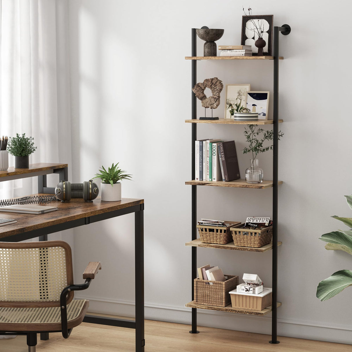 5-Tier Bookshelf Solid Wood Ladder Shelf, Narrow Book shelf Display Shelf, Wooden Ladder Shelf Bookcase, Wall Mount Ladder Shelf, Storage Rack for Living Room, Bedroom, Industrial Style, Rustic Brown Acovy