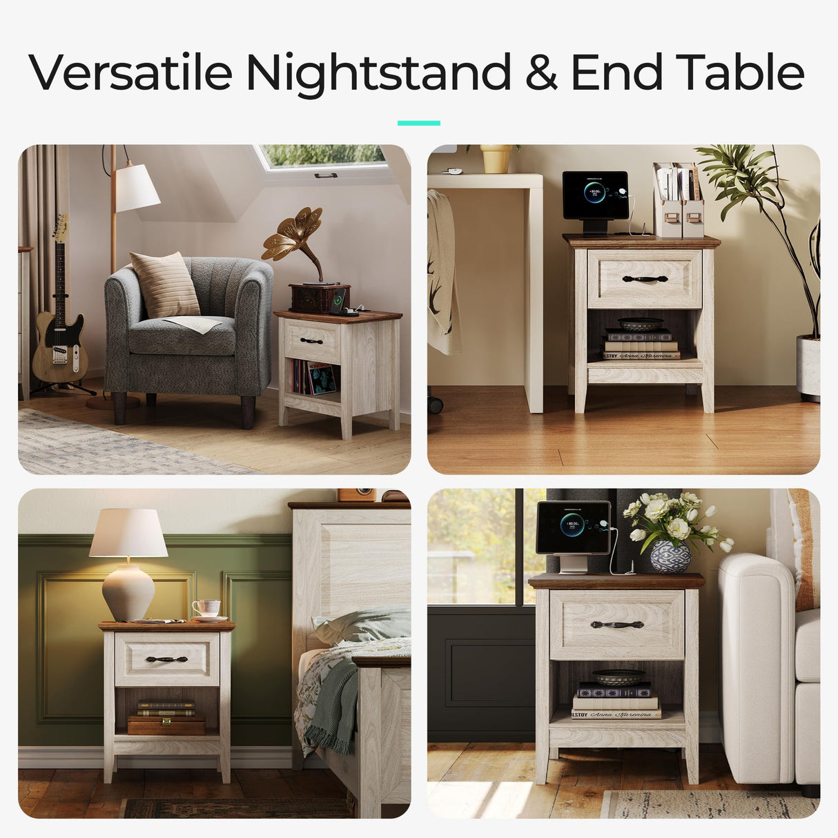 LINSY Night Stand Set of 2, 18.9" Farmhouse Wood NightStand with Type-C Charger &Open Storage Shelf Nightstands with Drawer, Side Table End Table for Bedroom Living Room Sofa Couch Office Beige LINSY