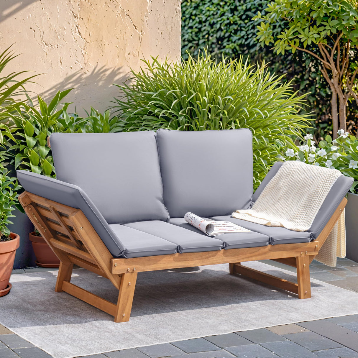 Devoko Outdoor Couch Acacia Wood Patio Couch with Adjustable Armrests,Outdoor Convertible Sofa with Removable Cushions&Pillows for Patio, Porch, Poolside(Grey) Devoko