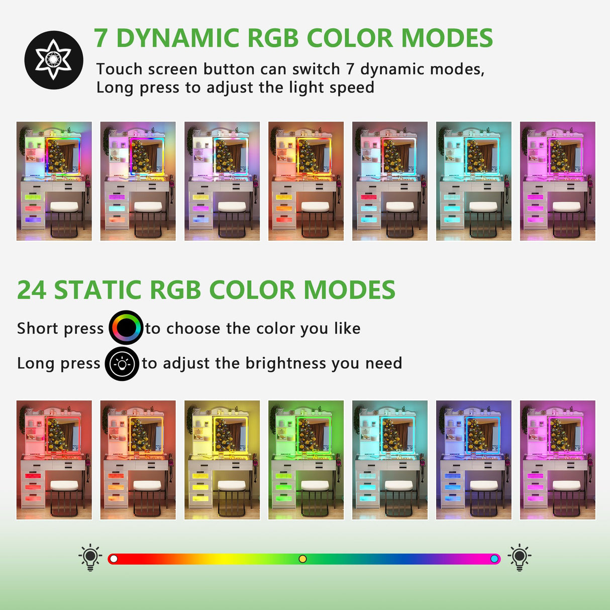 HENBC Vanity Desk with Sliding Mirror and Glass Desktop, LED Vanity Mirror with RGB Lights Desk and Chair, Dressers Vanity Table Set with Charging Station/Makeup Organizer/6 Drawers (White) HNEBC