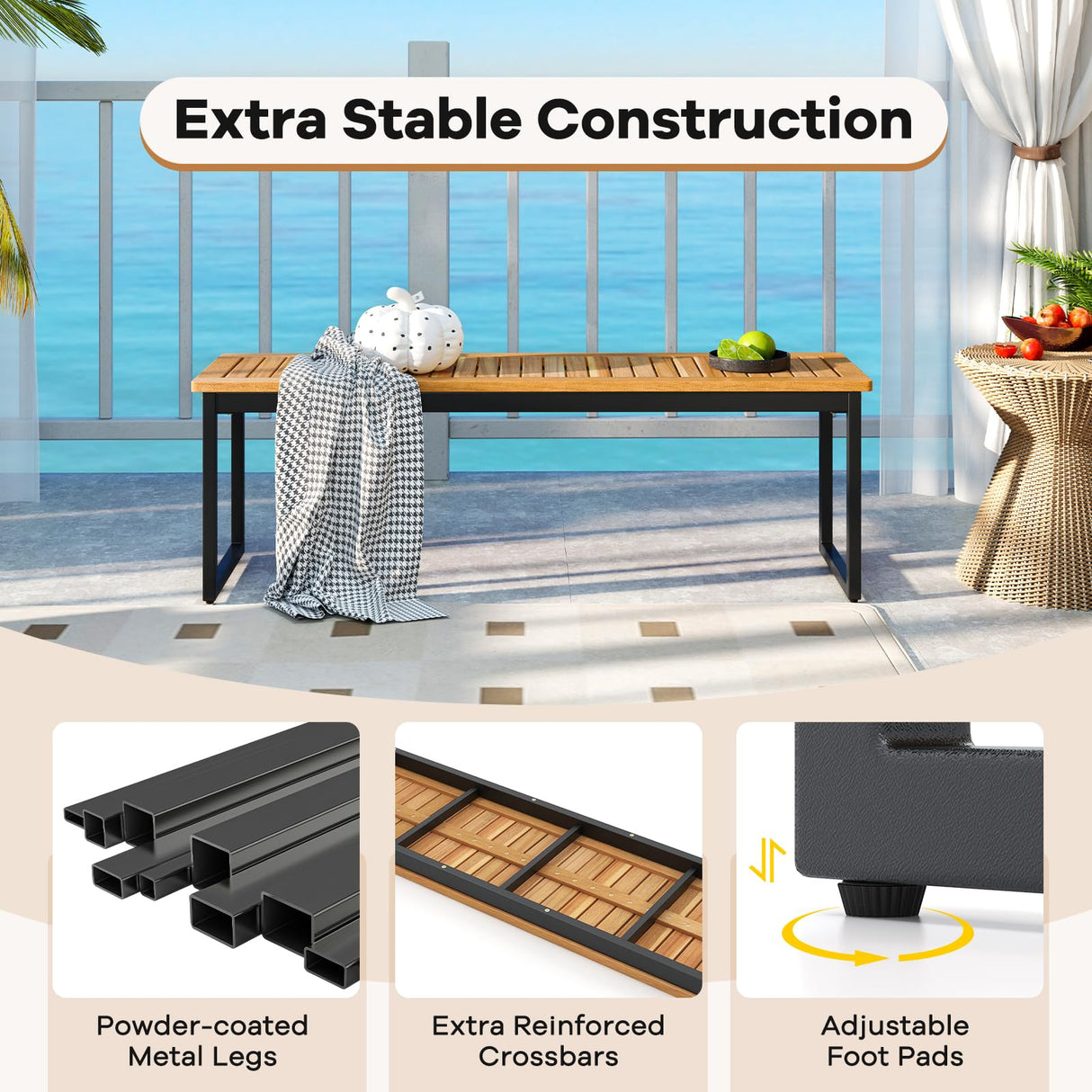 Tangkula Patio Dining Bench, 2-3-person Backless Bench with Slatted Seat & Metal Legs, Indoor Outdoor Bench for Entryway, Front Porch, Garden, Poolside, Farmhouse Kitchen Dining Seat Tangkula