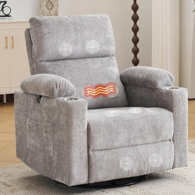 Oversized Power Recliner Chair Swivel Glider with Massage and Heat, Swivel Rocker Recliner with Adjustable Armrests, 26" Nursery Chair with Adjustable Headrest, Rocker Nursery Recliner, Light Grey