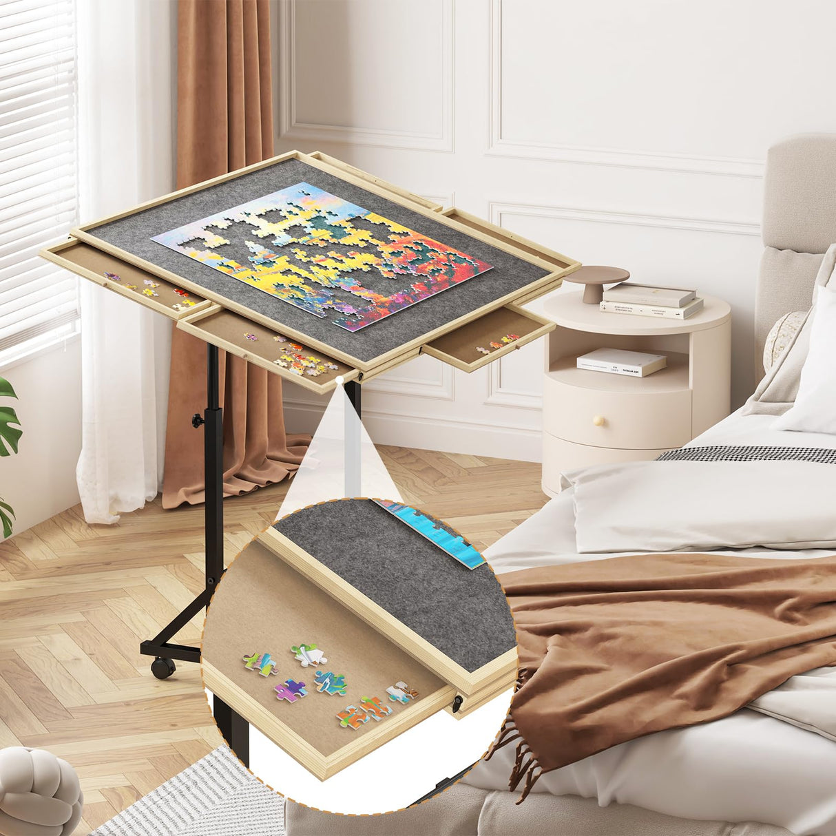 1500 Piece Jigsaw Puzzle Table with 6 Drawers and Legs, Adjustable 34"x 26" Wooden Puzzle Board with 4 Wheels, Height and Angle Adjustable Gifts for Adults and Kids PLYFOU