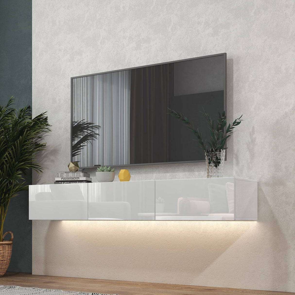 DMAITH Floating TV Stand with LED for 60 65 70in TV, Glossy Wall Mounted Modern Entertainment Center with 3 Drawers, White DMAITH