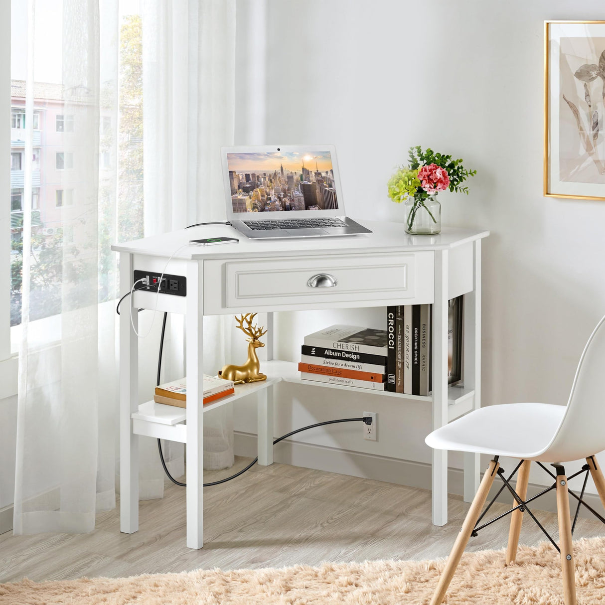 Yaheetech L Shaped Corner Computer Desk with Power Outlets, Reversible Triangle Workstation with USB Ports and Hook for Small Space, Modern Home Office Desk Gaming Table with Drawer & Shelf, White Yaheetech