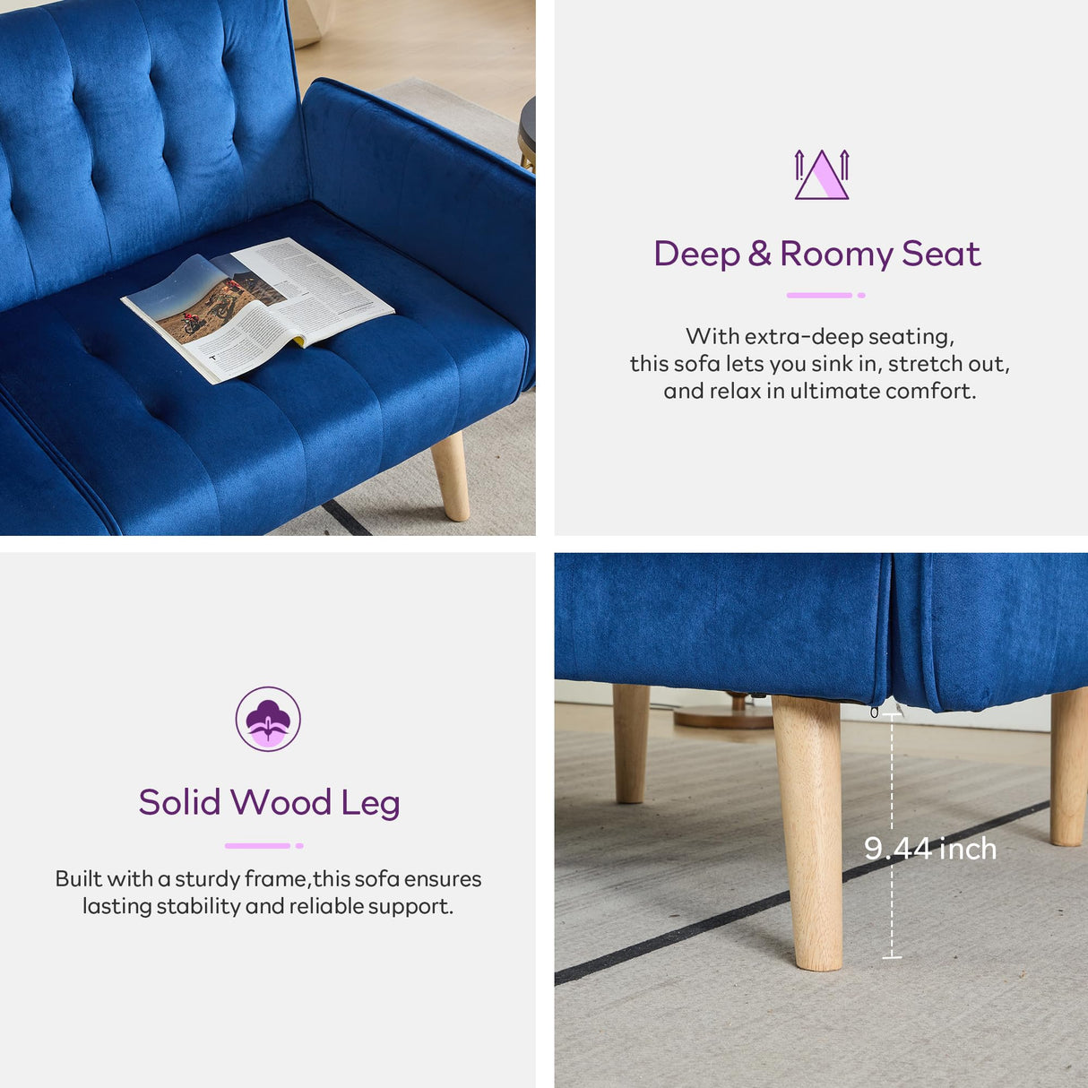 TYBOATLE 65" W Velvet Modern Convertible Folding Futon Couch Sofa Bed w/ 2 USB Charging Ports for Compact Living Space, Small Couches for Office, Dorm, RV Room, Apartment, Bedroom (Navy Blue) TYBOATLE