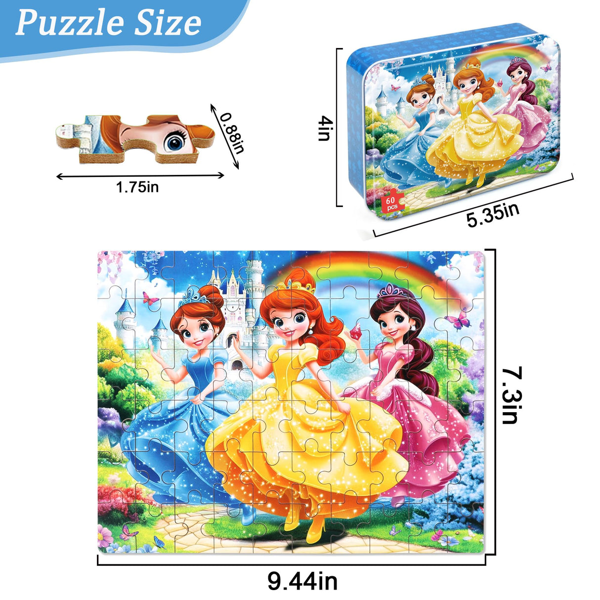 MZZOTOY Princess Puzzles for Kids Ages 4-8, 60 Pieces Jigsaw Puzzles for Kids Ages 3-5 Puzzle for Girls and Boys Learning Educational Puzzles Toys in a Metal Box MZZOTOY