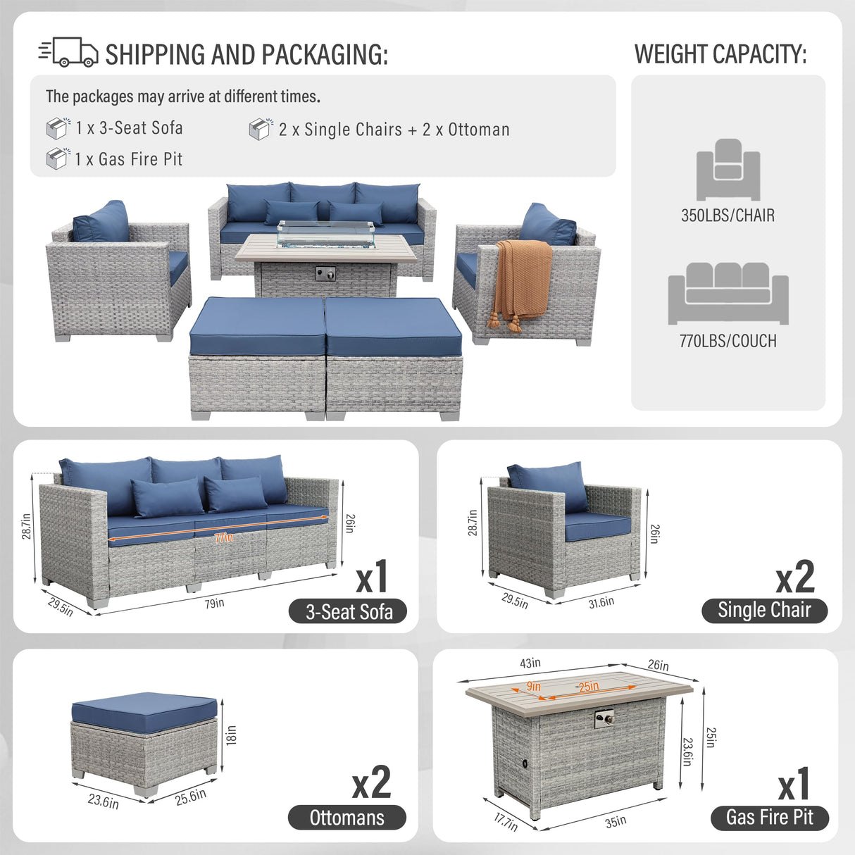 WAROOM Patio Furniture Set 6 Piece Grey Wicker Outdoor Furniture Patio Sectional Sofa Couch PE Rattan Conversation Sets with Fire Pit Table, Blue Cushion WAROOM