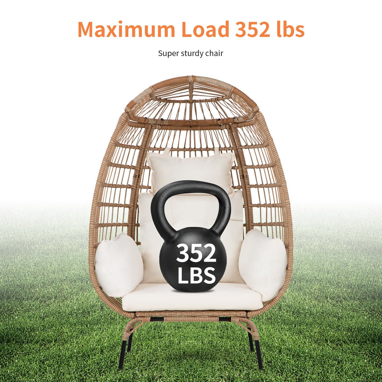 Egg Chair Egg Basket Lounge Chair Rattan Chair Steel Frame Oversized Indoor Outdoor Lounger Simple Installation with 4 Comfort Cushion and Stand,352lb Capacity for Patio Garden Living Room,White PayLessHere