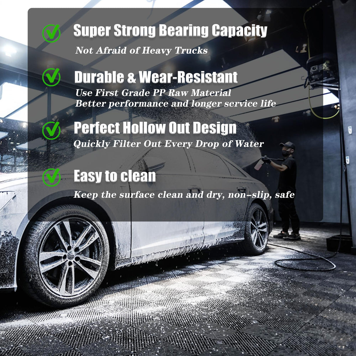 HTWELL 24 Pack 16"x 16"Interlocking Garage Floor Tiles,Modular Drainage Floor Mat,Non-Slip Splicing Interlocking Drainage Mats Floor Tile for Garage Car Wash Basement,etc(Black) HTWELL