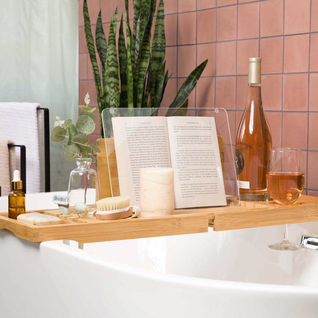Bathtub Tray with Waterproof Shield Keeps Your Book Open – Extendable Bamboo Bath Tray with Wine Glass Holder - Luxury Bath Tub Caddy Tray for Relaxing in The Bathtub Luxe Lily