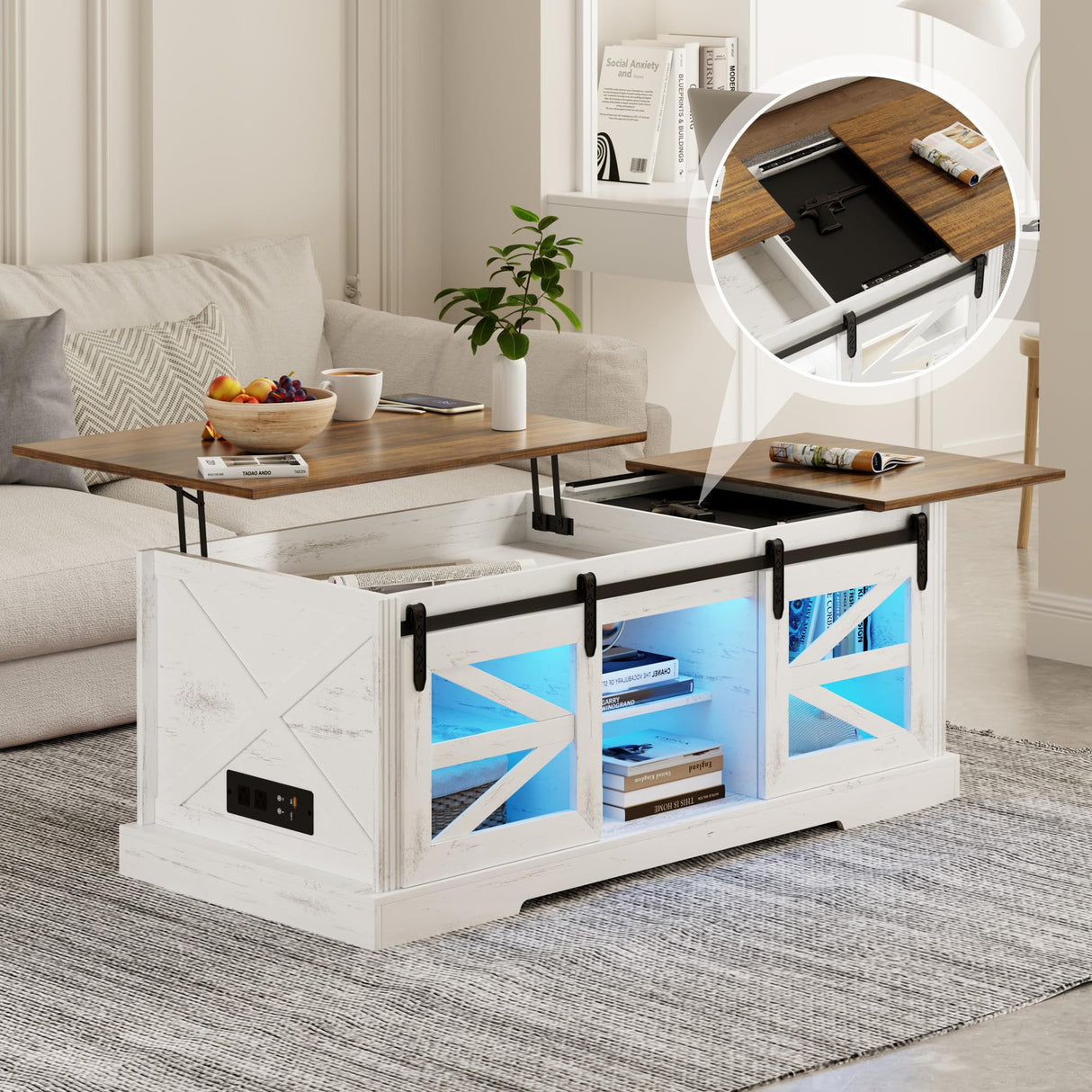 Lift Top Coffee Table with Gun Cabinet, 2 Sliding Barn Doors-Large Storage and 3 Color LED Lights fit Modern Rectangular Rustic Living Room Center Table(White) HWB
