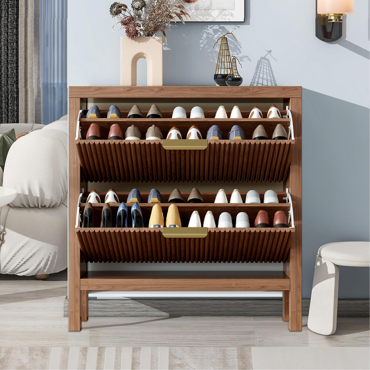 Vudanfe Modern 2-Tier Flip Drawer Shoe Cabinet, Freestanding Hidden Slim Narrow Shoe Rack Cabinet, Wooden Large Capacity Shoe Storage Cabinet Shoe Organizer, for Entryway, Hallway, Walnut X2 Vudanfe